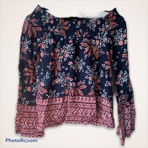 Abercrombie & Fitch Off the Shoulder Boho Top Navy Blue and Red Floral XS